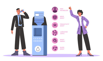 Drinking water benefits infographics. Detox and refresh process. Body hydration or aqua balance. Positive liquid affect. People with cooler. Persons quenching thirst. Vector concept