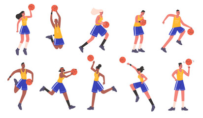 Fototapeta na wymiar Female or male basketball players. Athletes characters with ball. People in sport uniform. Men or women team game. Persons play streetball. Sportsman motions. Vector basketballers set