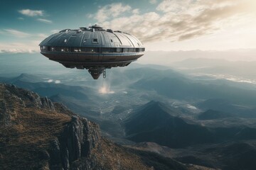 Fototapeta na wymiar Unusual spaceship floating above scenery. Generative AI