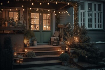 Fototapeta na wymiar Festive porch with miniature trees and lanterns illuminated for Christmas. Generative AI