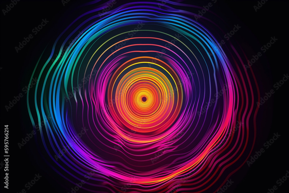 Poster background with psychedelic design elements with gradient blending effect neon sunbeam on dark backg