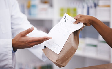 Pharmacy, medicine or pharmacist hands a bag in drugstore with healthcare prescription receipt....