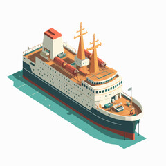 Vector isometric icon set or infographic elements representing low poly cargo container ship, oil tanker ship, passenger cruise ship, ferry loaded with cars and oil platform