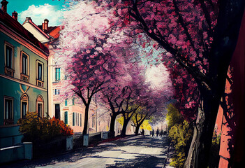 street in a European city, cherry blossoms, apple blossoms in the European city, spring, digital illustration generative AI