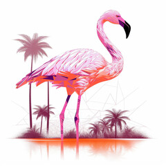 Beautiful pastel soft pink flamingo with palm leaves illustration