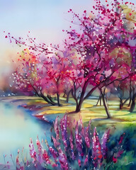 Obraz na płótnie Canvas cherry orchard by the river