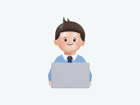 Young man working on the laptop computer and having a idea. Freelance job, creativity innovation. 3d vector people character illustration. Cartoon minimal style.