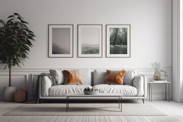Interior design of a stylish, minimalistic and comfortable elegant living room on a white background.