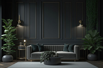 Interior design of a stylish and comfortable elegant living room on a black background	