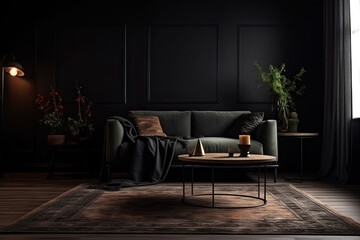 Fototapeta premium Interior design of a stylish and comfortable elegant living room on a black background 