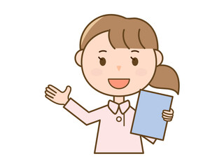 案内をする看護師さん_ピンク白衣を着た女性のイラスト