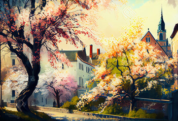 cherry blossoms, apple blossoms in the European city, spring, digital illustration generative AI