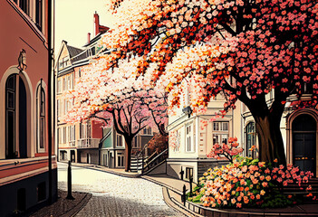 flowering trees in the European city, digital illustration generative AI