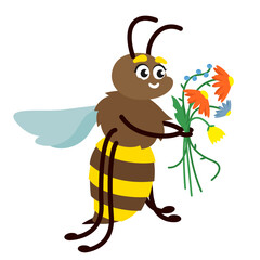 Bee holding wild flowers. Insect in cartoon style.