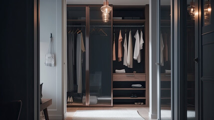 Obraz premium Interior design of built-in wardrobes with contemporary glass doors