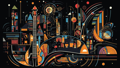 Colorful, abstract, vector illustration of jazz instruments coming together with city silhouette and lights to create a vibrant background