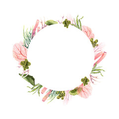 Wreath with underwater corals and plants. Hand drawn watercolor illustration isolated on white background