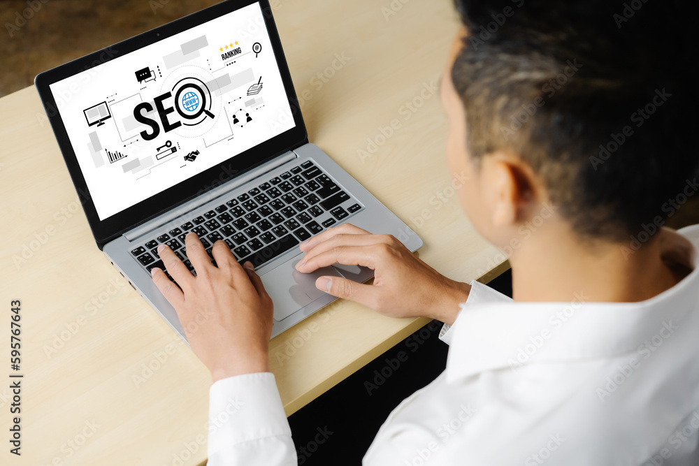 Poster seo search engine optimization for modish e-commerce and online retail business showing on computer 