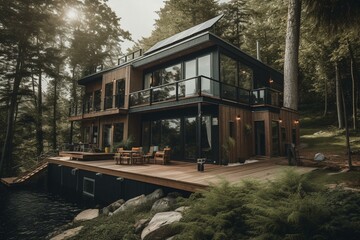 Contemporary forest home from shipping containers with solar panel roof, lake view & eco-friendly features. Generative AI