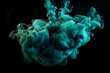 Fototapeta premium Blue green color ink smoke cloud texture dark abstract art background. generative AI
