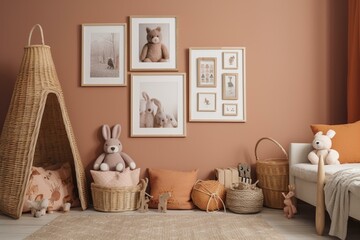 Horizontal picture frame on brown wall in modern child room with copy space. Rattan baskets and plush toys adorn the 3D rendered space. Generative AI