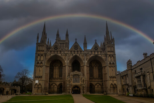 A rainbow over the Cathedral Church of St Peter, St Paul and St Andrew in Peterborough, Cambridgeshire, UK