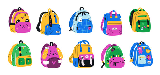 School colored backpacks. Bright kids college bags with patch pockets, keychains and badges. Children rucksacks. Students accessories elements. Garish vector isolated schoolbags set