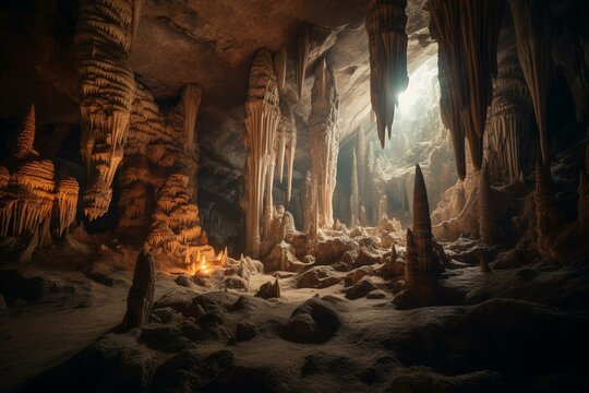 Ancient cavern with many stalactites and stalagmites. Generative AI