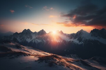 Fototapeta na wymiar Stunning sunrise over majestic snow-capped mountains. Generative AI