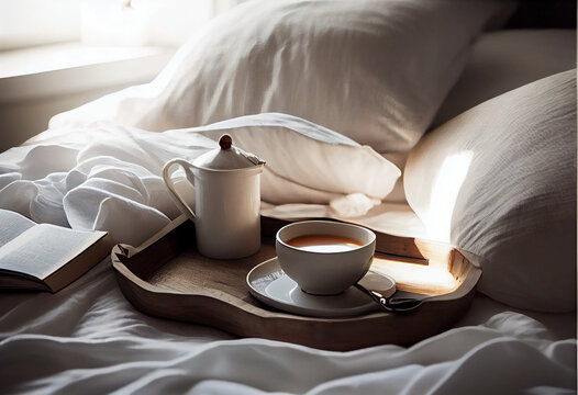 Wooden tray with coffee and interior decor on the bed with white linen. AI Generated
