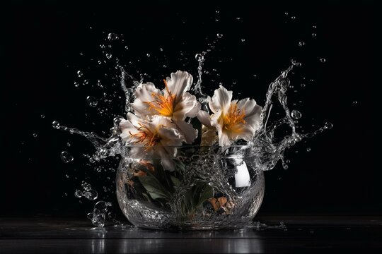 A vase with a flower whose petals splash water onto a black background with white border. Generative AI