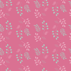 Seamless texture for your design. White grass and leaves on pink background. Illustration can be used for templates, wallpaper. Openwork leaves.
