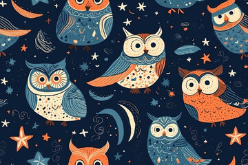 Obraz premium Seamless pattern with Cute owls on a dark blue background. Generative AI illustration. Textile pattern, print for children.