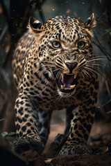 Wild Leopard panthera roaring aggressively. Jungle forest running generative ai