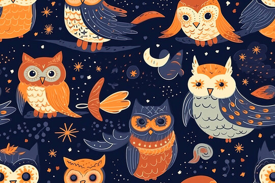 Seamless pattern with Cute owls on a dark blue background. Generative AI illustration. Textile pattern, print for children.