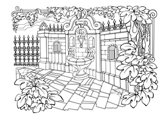 Romantic Secret Garden. Coloring Pages. Freehand linear vector illustration.