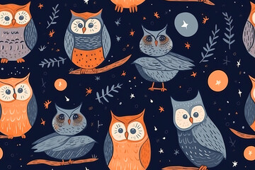 Obraz premium Seamless pattern with Cute owls on a dark blue background. Generative AI illustration. Textile pattern for children's things.