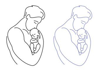 A young man, a father, gently holds newborn baby in his arms, hugs him. Line drawing.
