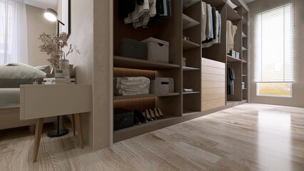 Luxury, modern walk in closet with storage, shelf, drawer, clothes in bedroom, wooden bed, gray blanket, bedside table in sunlight from window on beige brown stucco wall. Interior design background 3D