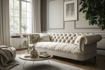 Sofa in cream living room. 3D interior design. Generative AI