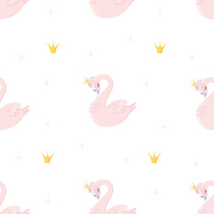 Obraz premium Nice gentle vector pattern for girls. Princess swan, crowns, stars. Fairy tale children's background 