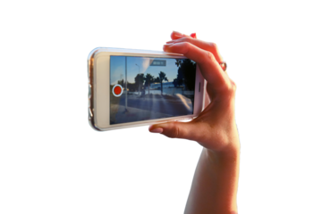 Tourist picks up landscapes from the bus window on a smartphone, isolated on a white background. Woman hand holding smartphone to recording video from glass window with dust on bus moving.