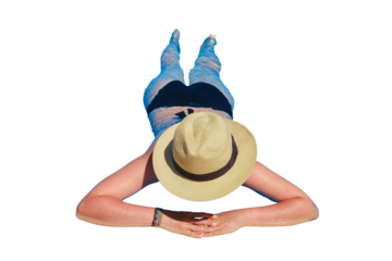 Woman in a straw hat near the edge of the pool, isolated on a white background