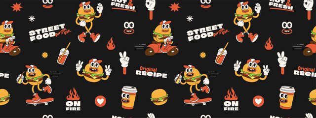 Burger retro cartoon fast food seamless pattern. Comic character, slogan, quotes and other elements for burger bar, cafe, restaurant. Groovy funky trendy vector illustration and background.