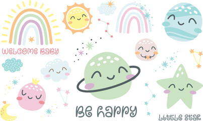 Cute vector set. Sleeping planets. Sun, flax, uranium, Pluto, stars and other planets, rainbow. Cute children's illustrations.