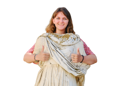 The woman shows an approving gesture with thumb up on the background of ancient statues, isolated on a white background