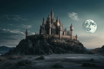 A surreal castle on the moon with tall towers. Generative AI