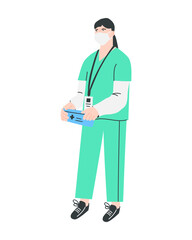 Nurse holding first aid kit in her hands. Woman in medical mask isolated on a white background. Hospital worker. Medical staff in uniform. Vector flat illustration