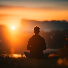 silhouette of a person meditating on a sunset made with generative AI
