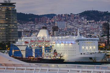 Passenger pax cargo car roro ro-ro ferry boat vessel cruiseship cruise ship liner in Barcelona,...